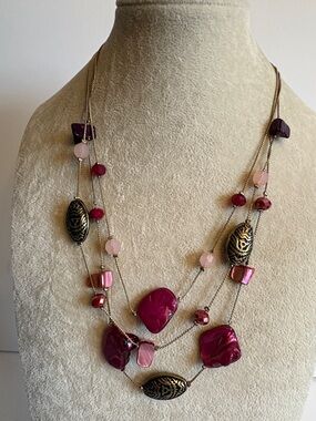 Pink Glass Multi Strand Necklace Gold Accent Statement Beaded Layered Boho